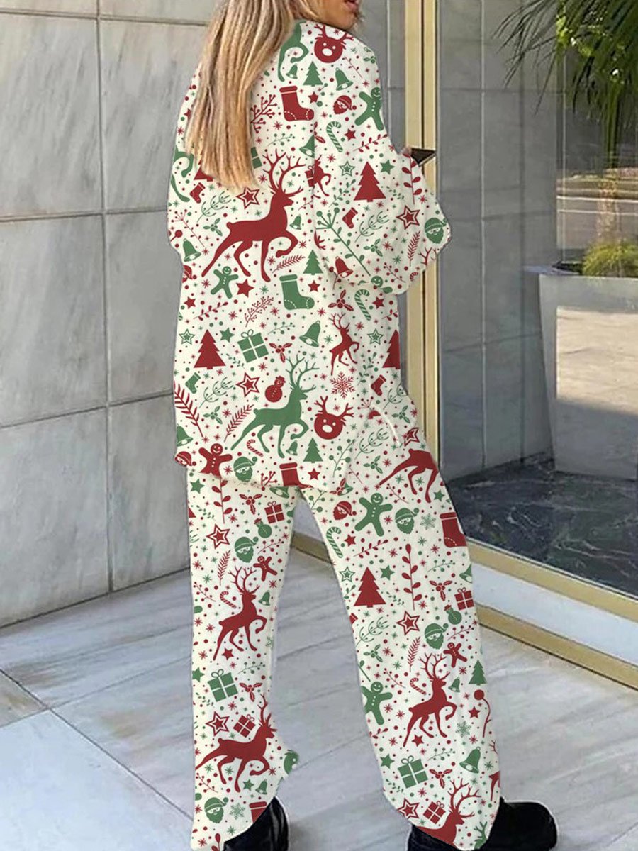 Women's Christmas Elk Pattern V-Neck Long Sleeve Pants Set