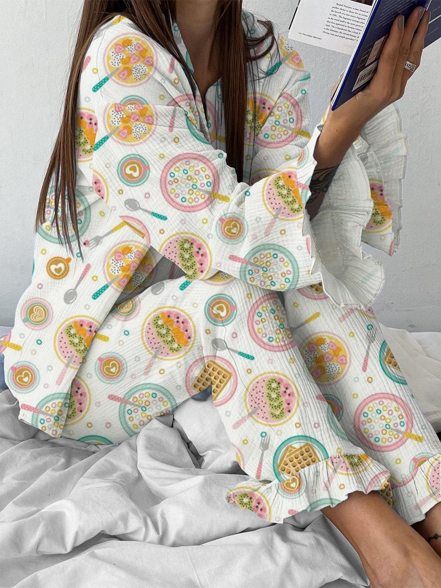 Women's Fun Baking Kitchen Pattern Ruffled Long Sleeve Pants Set