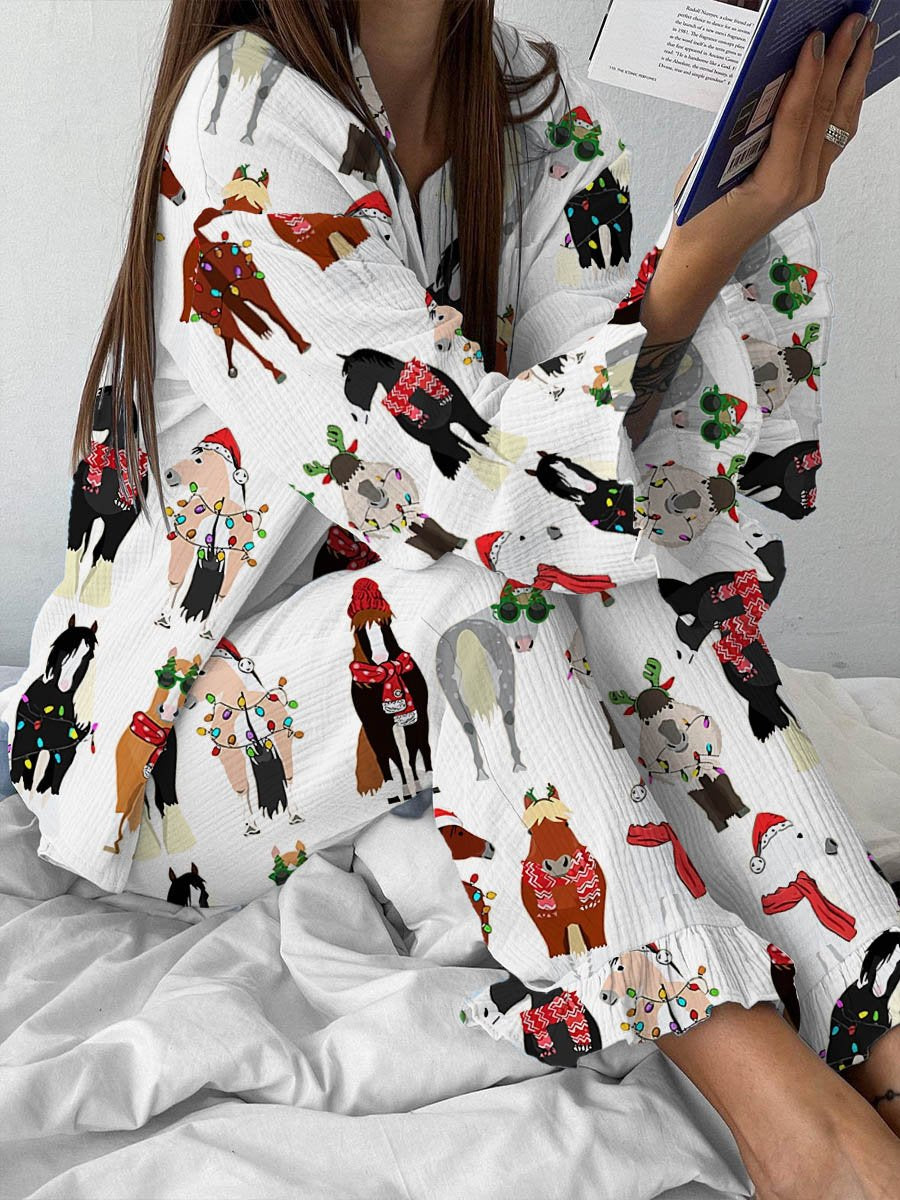 Women's Fun Christmas Horse Print Cotton Cardigan Set