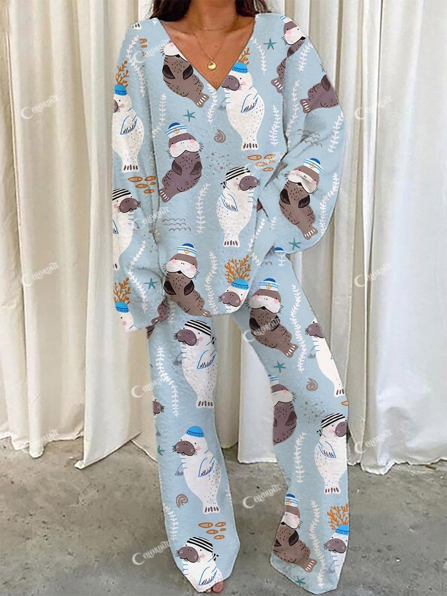 Women's Nautical Manatee Print V-Neck Suit