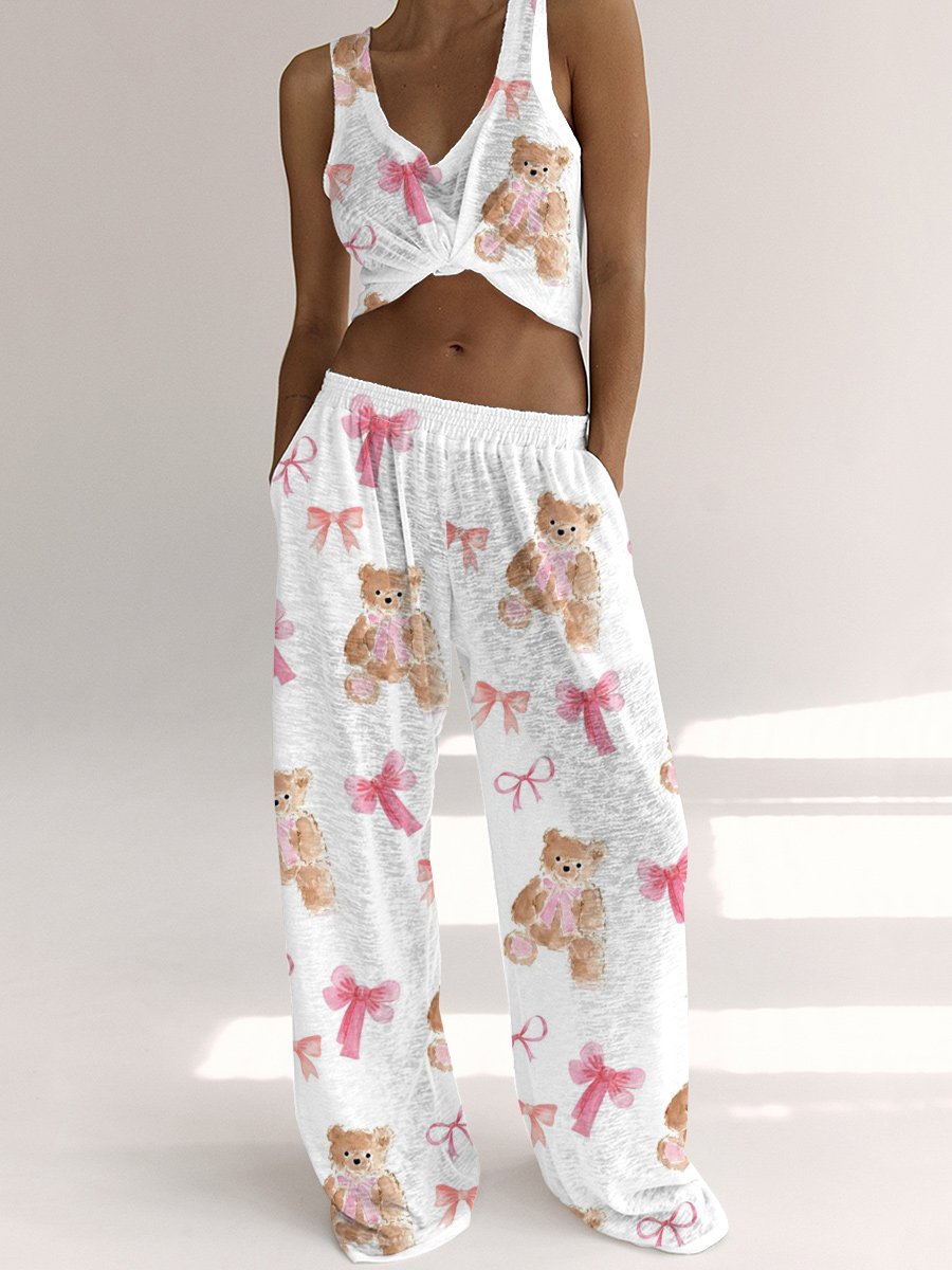 Women's Pink Bow Bear Print Home Vest Set