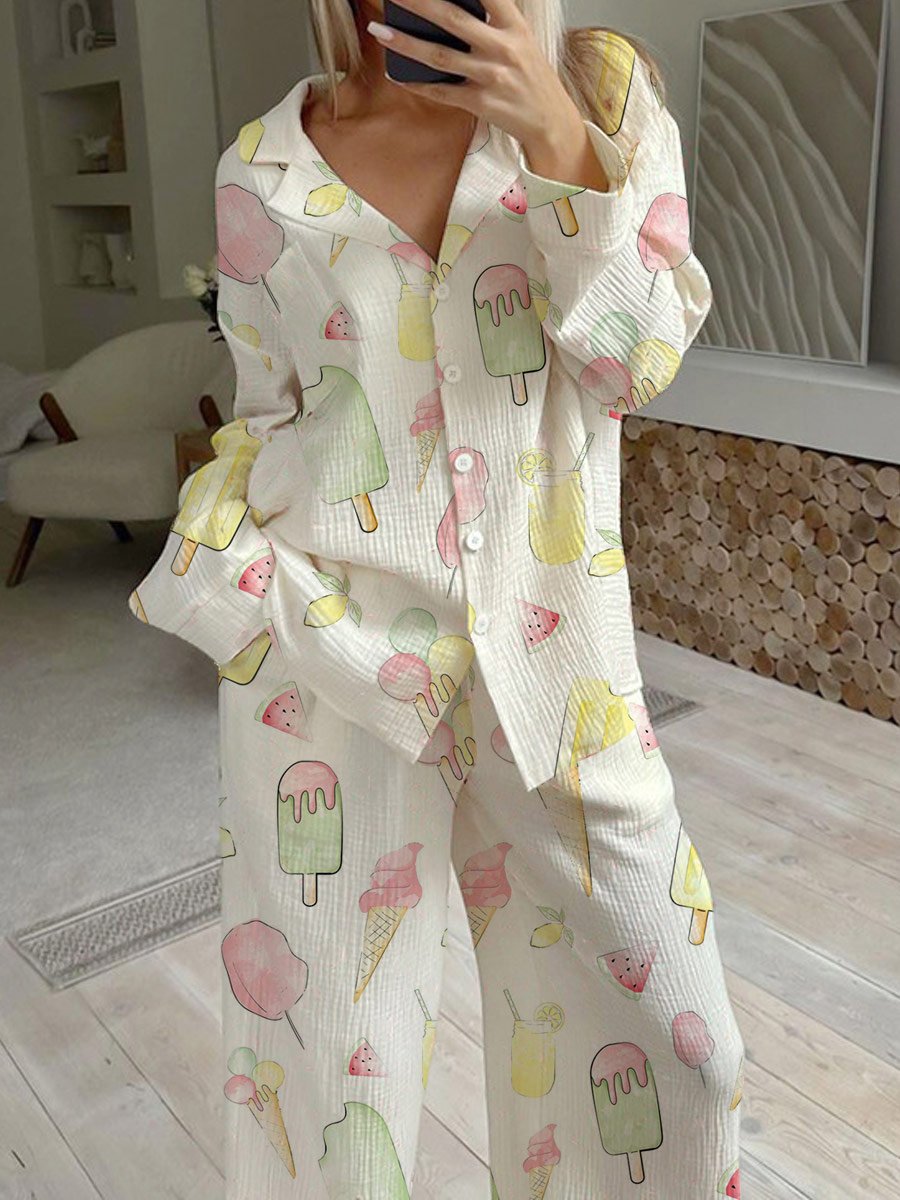Women's Ice Cream Pattern Long Sleeve Pant Suit