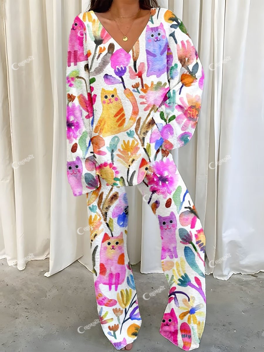 Women's Bright Watercolor Cat Floral Print Fleece Set