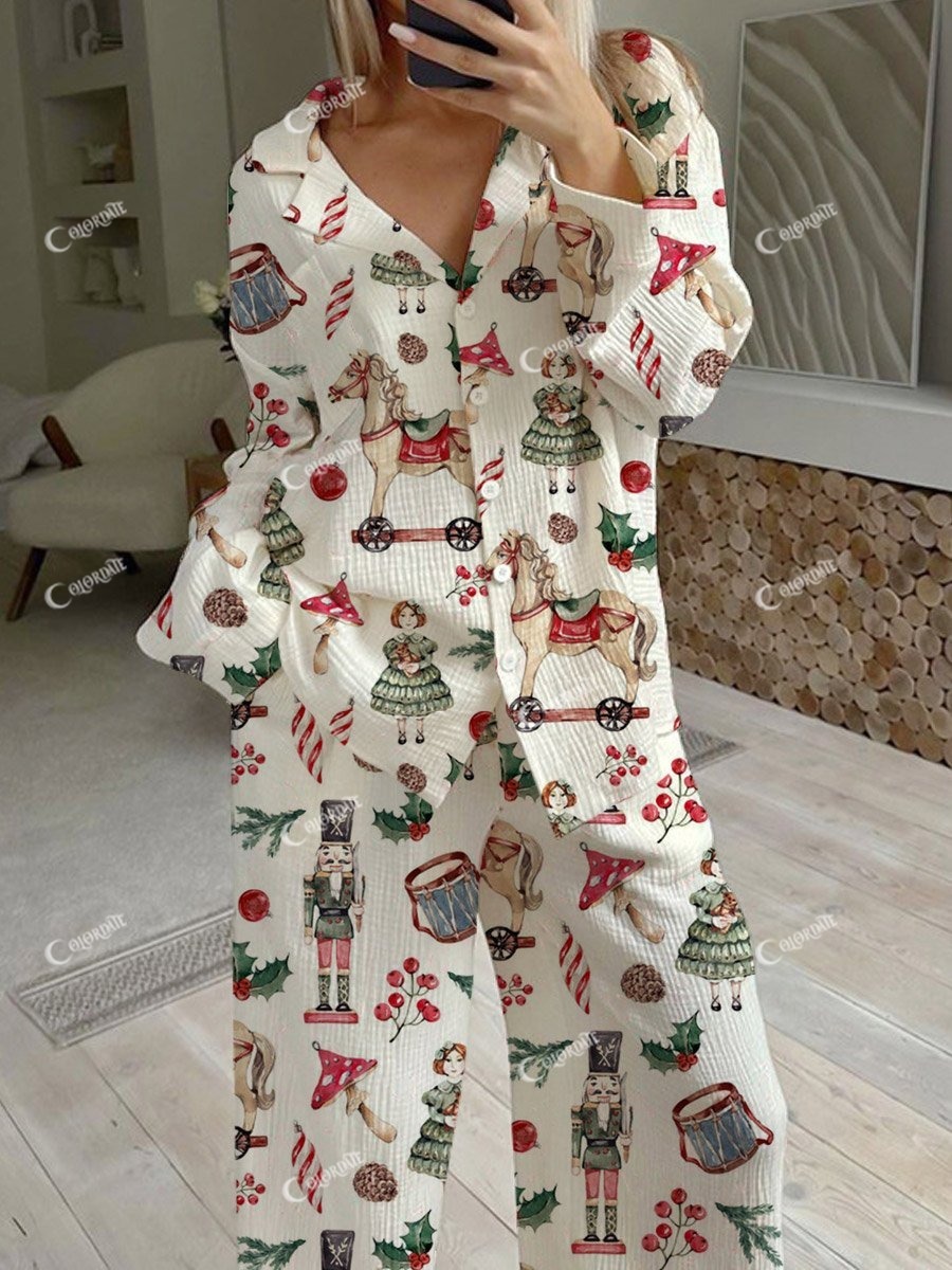 Women's Christmas Horse Pattern Long Sleeve Pants Suit