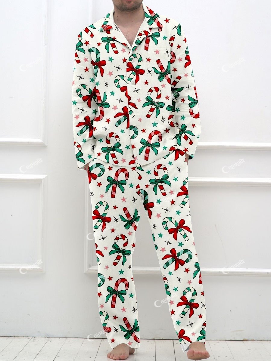 Men's Simple Christmas Candy Cane Bow Print Long Sleeve Long Pants Pajama Set