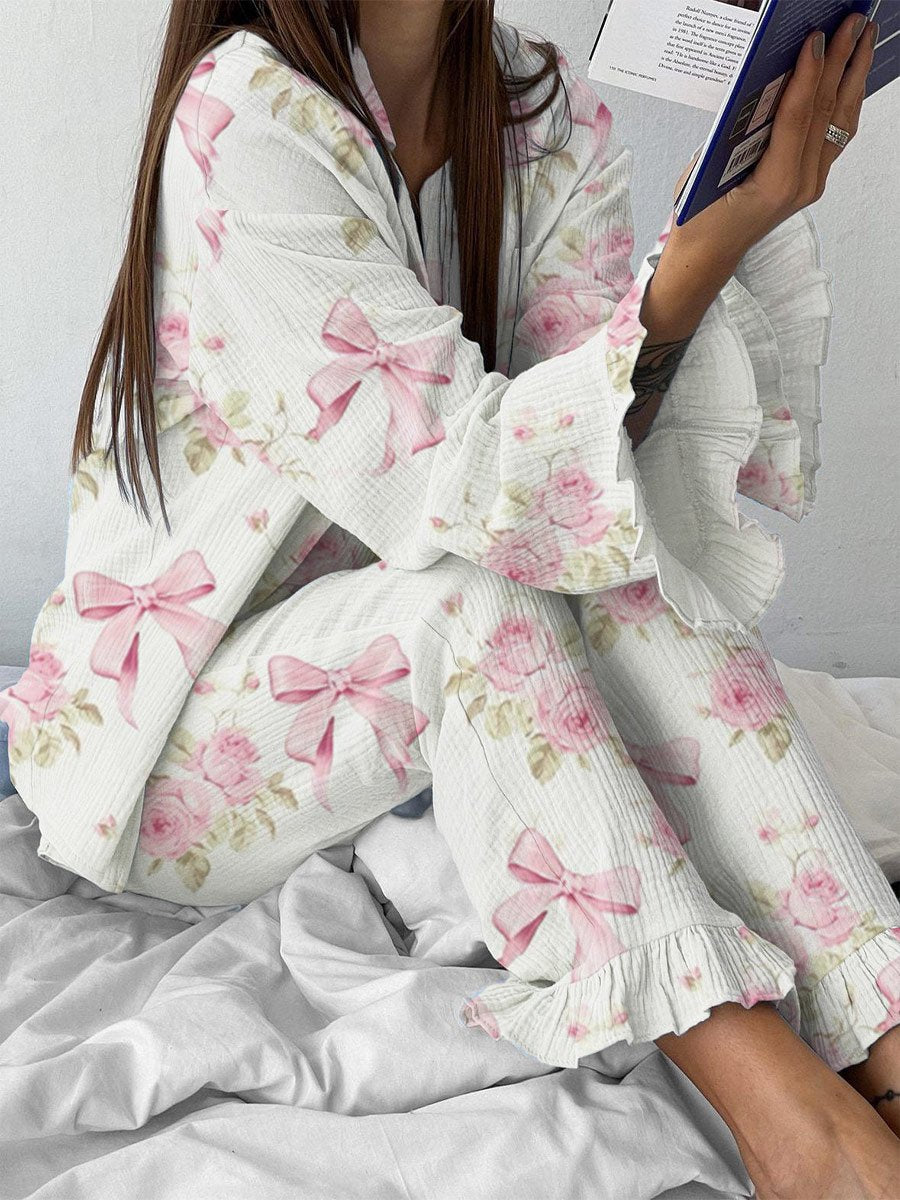 Women's Bow Rose Pattern Ruffled Long Sleeve Pants Set