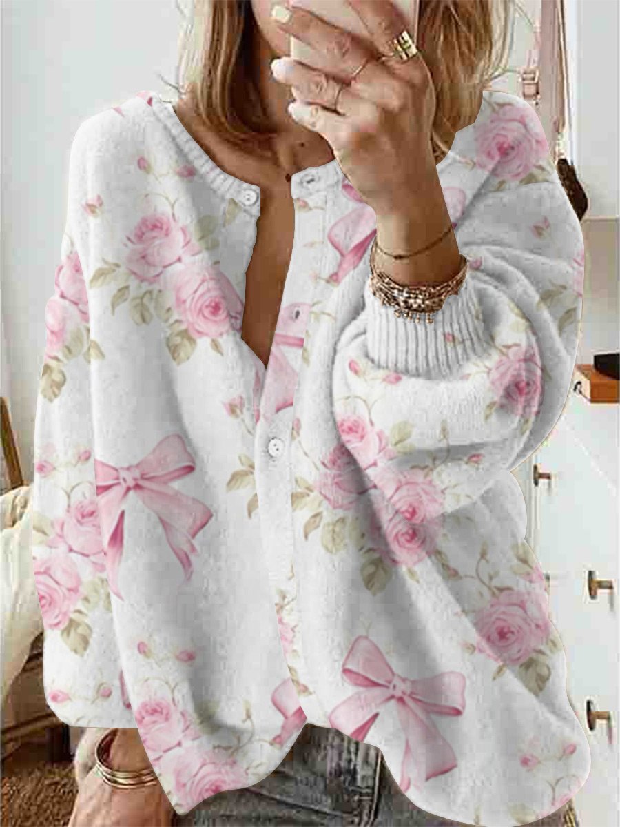 Women's Bow Rose Pattern Long Sleeve Cardigan Sweater