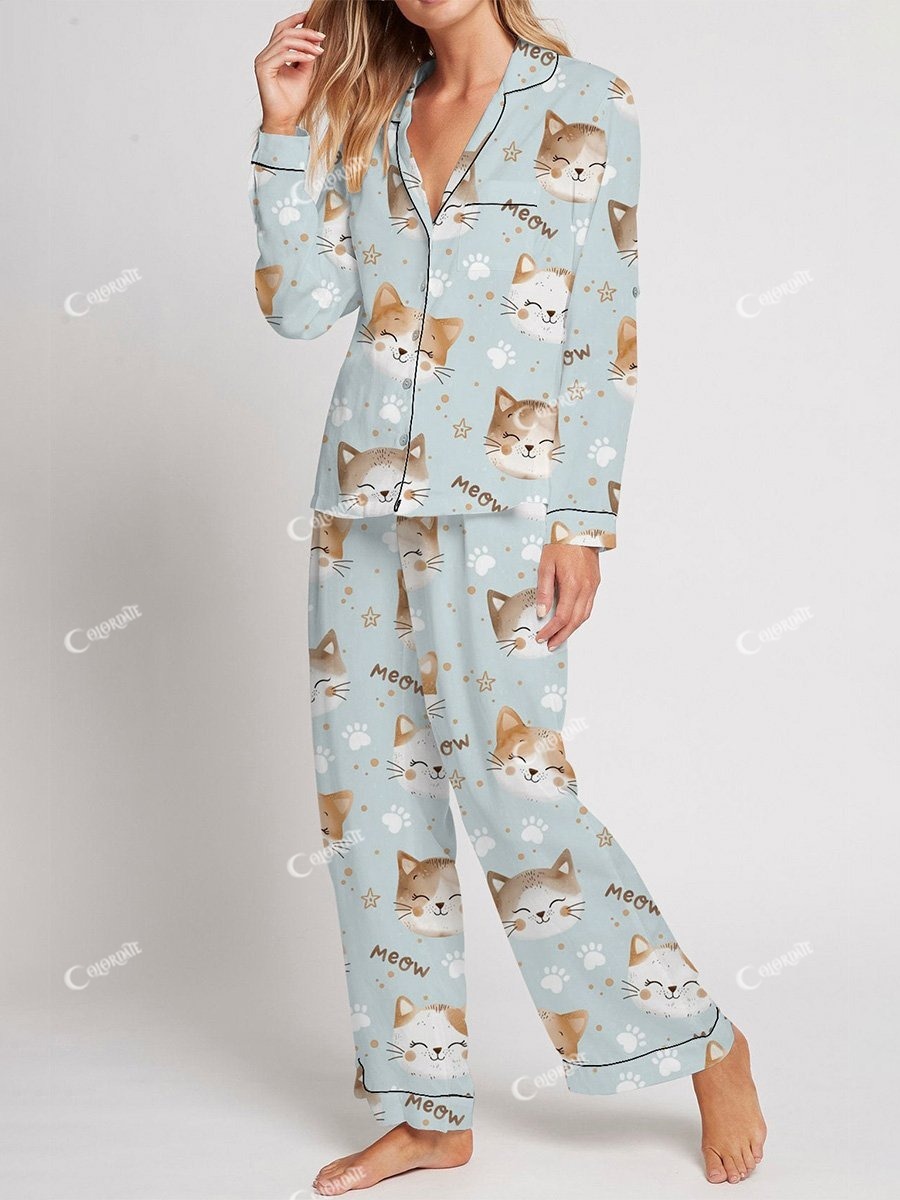 Women's Cute Kitten Pattern Long Sleeve Pants Set
