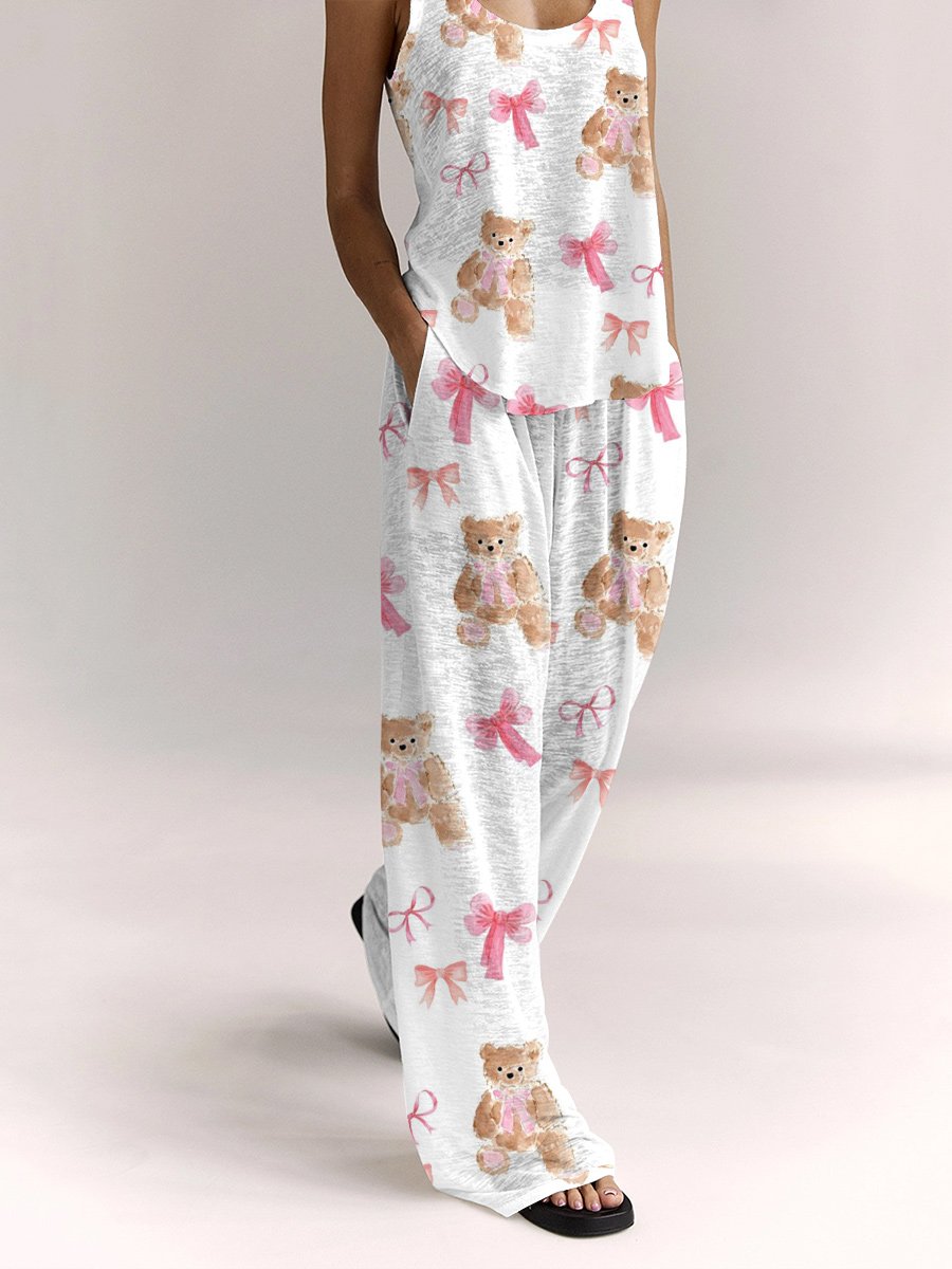 Women's Pink Bow Bear Print Home Vest Set