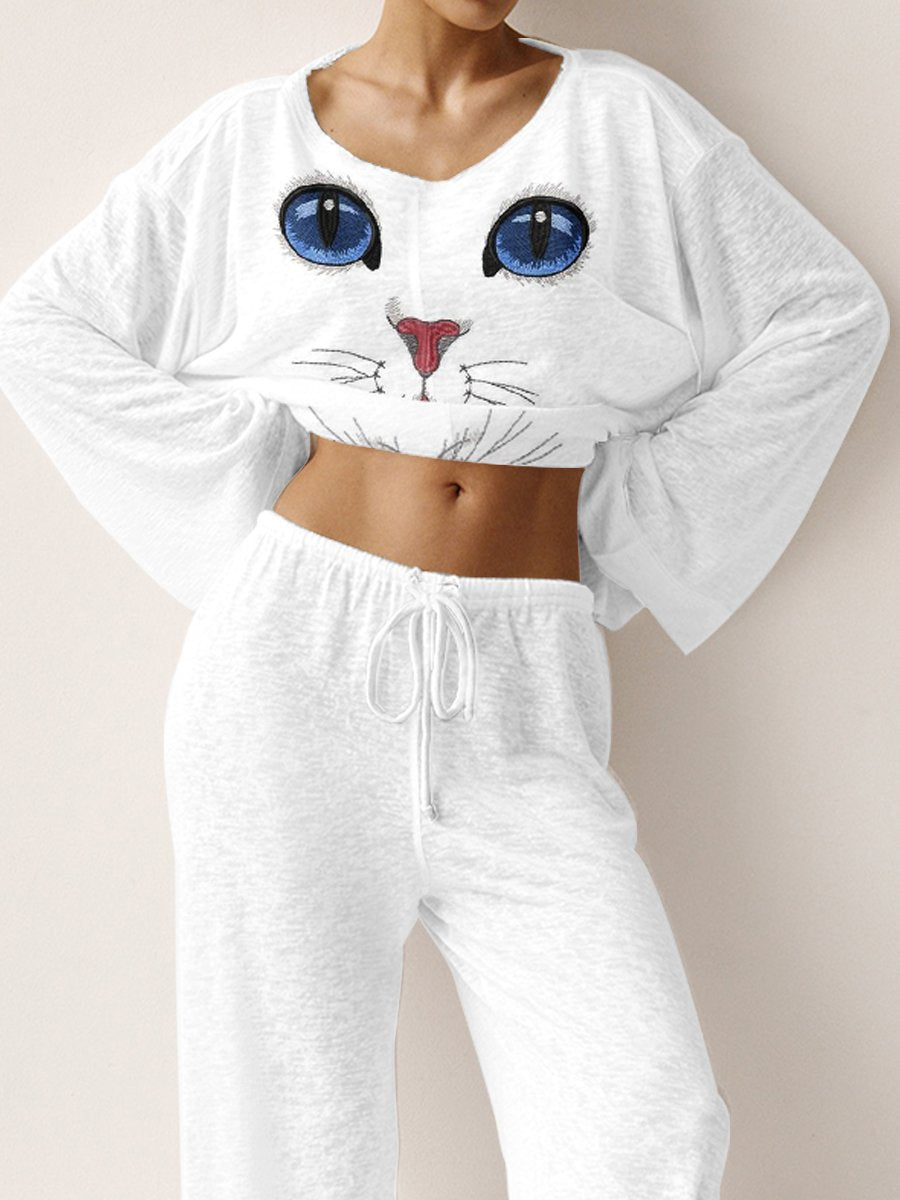 Women's Hand-painted Cat Face Pattern Knitted Round Neck Long Sleeve Suit