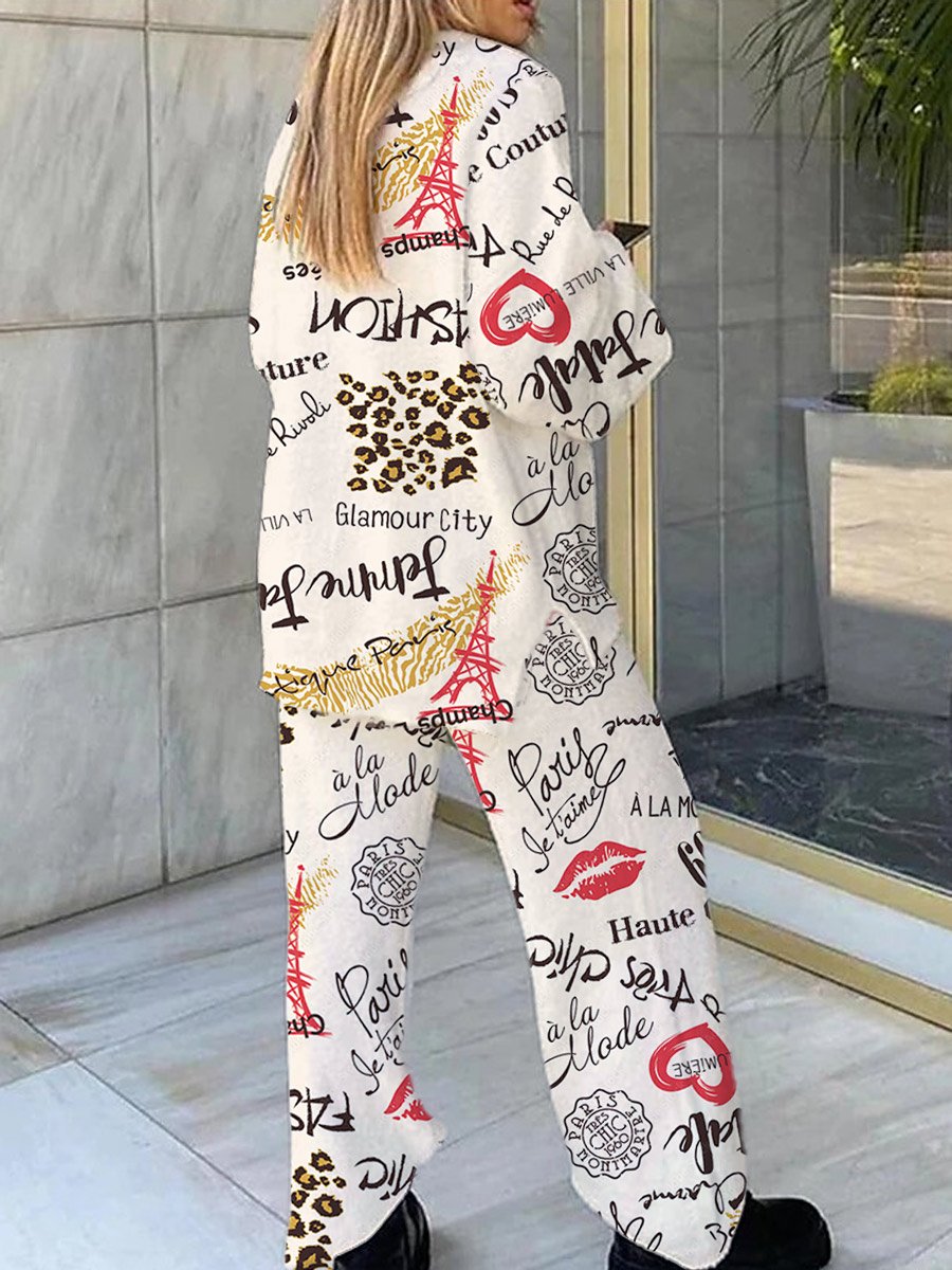 Women's Beige Travel Fun Print Home Long Sleeve Suit