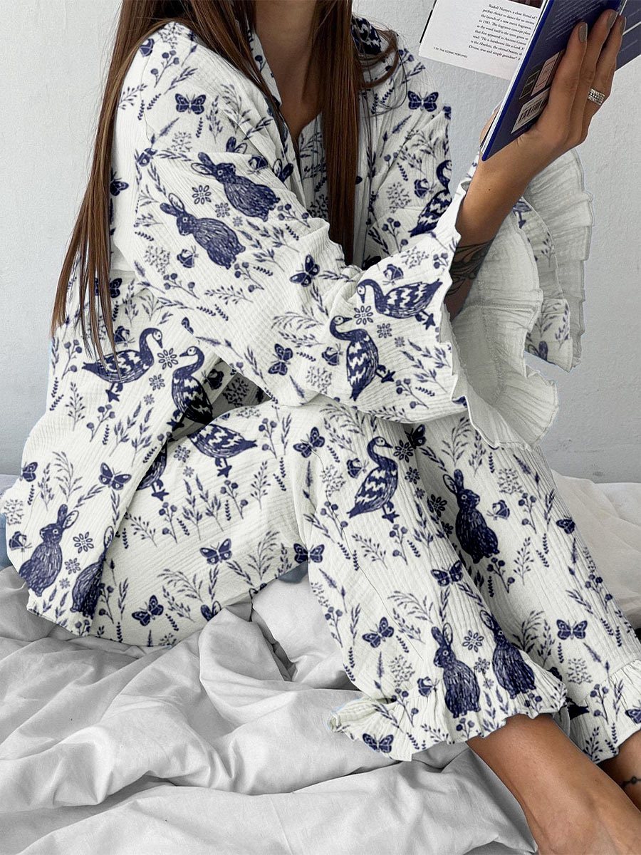 Women's Art Painting Farm Animals Bohemian Print Home Long Sleeve Suit