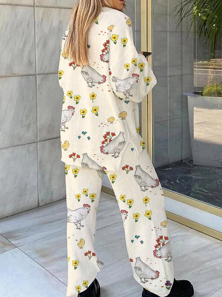 Women's Farm Chicken Pattern V-Neck Long Sleeve Pants Suit