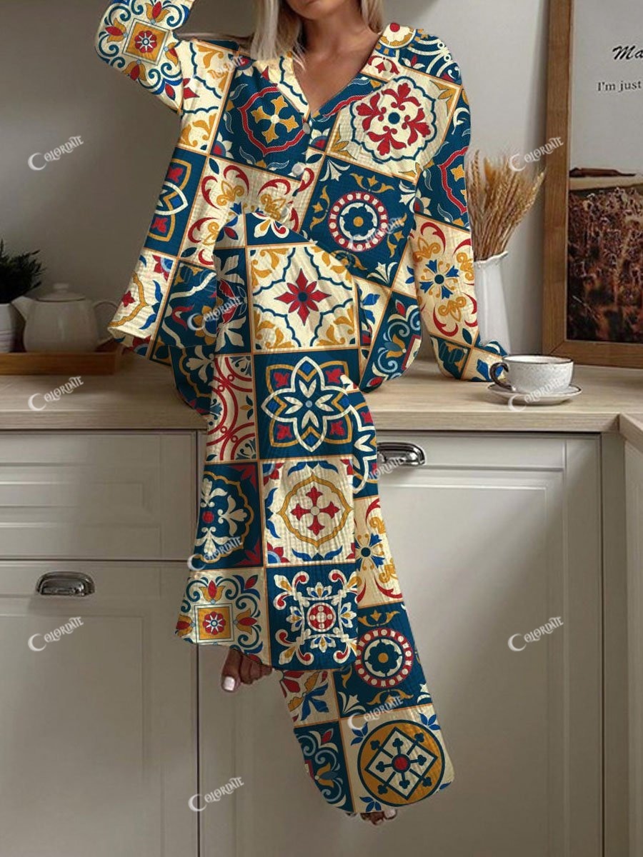 Women's Vintage Moroccan Bohemian Print Pajama Set