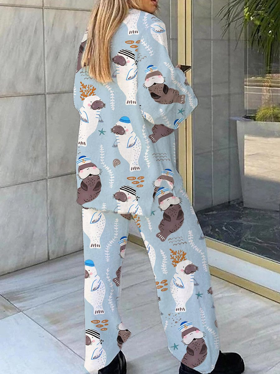 Women's Nautical Manatee Print V-Neck Suit