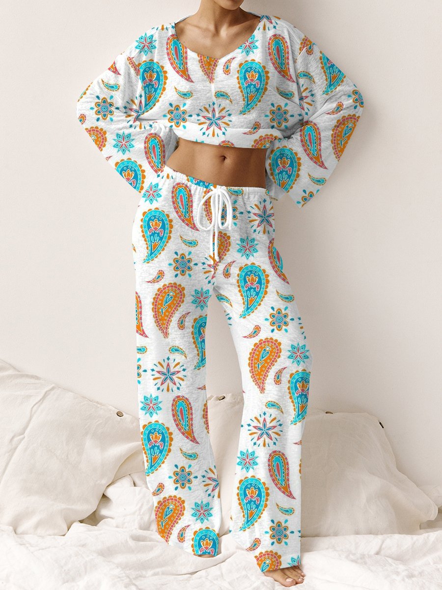 Women's Bohemian Paisley Long Sleeve Trousers Round Neck Suit