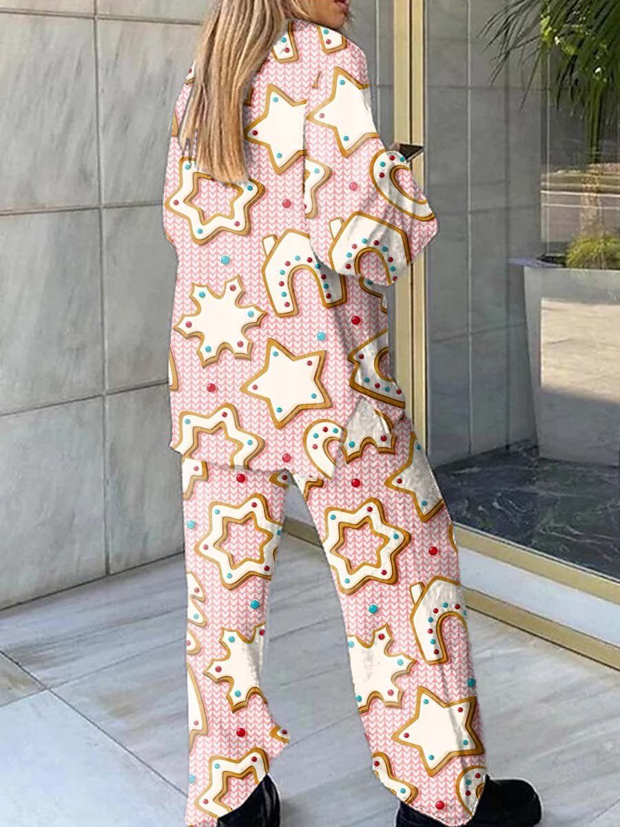 Women's Christmas Cookies Pattern Print V-Neck Homewear Set