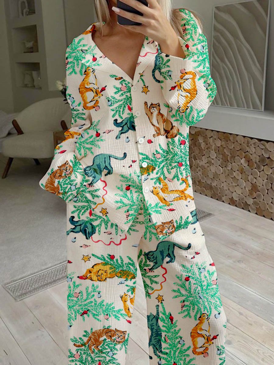 Women's Retro Christmas Tree Cat Print Cardigan Homewear Set