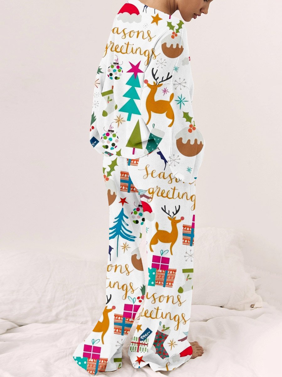Women's Christmas Graffiti Print Round Neck Linen Cotton Suit
