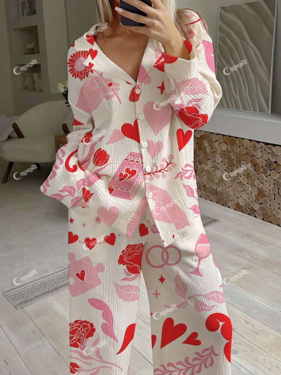 Women's Simple Valentine's Day Printed Linen Cotton Cardigan Homewear Set