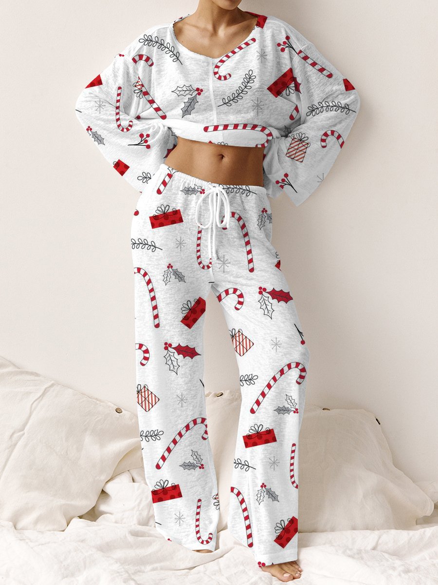 Women's Christmas Candy Cane Pattern Long Sleeve Pant Suit