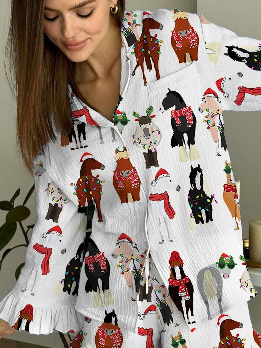Women's Fun Christmas Horse Print Cotton Cardigan Set