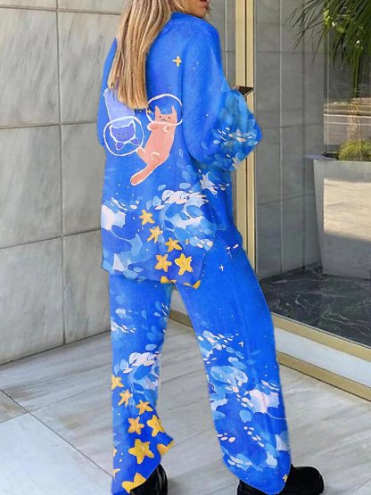 Women's Cute Diving Cat Printed V-Neck Long Sleeve Suit