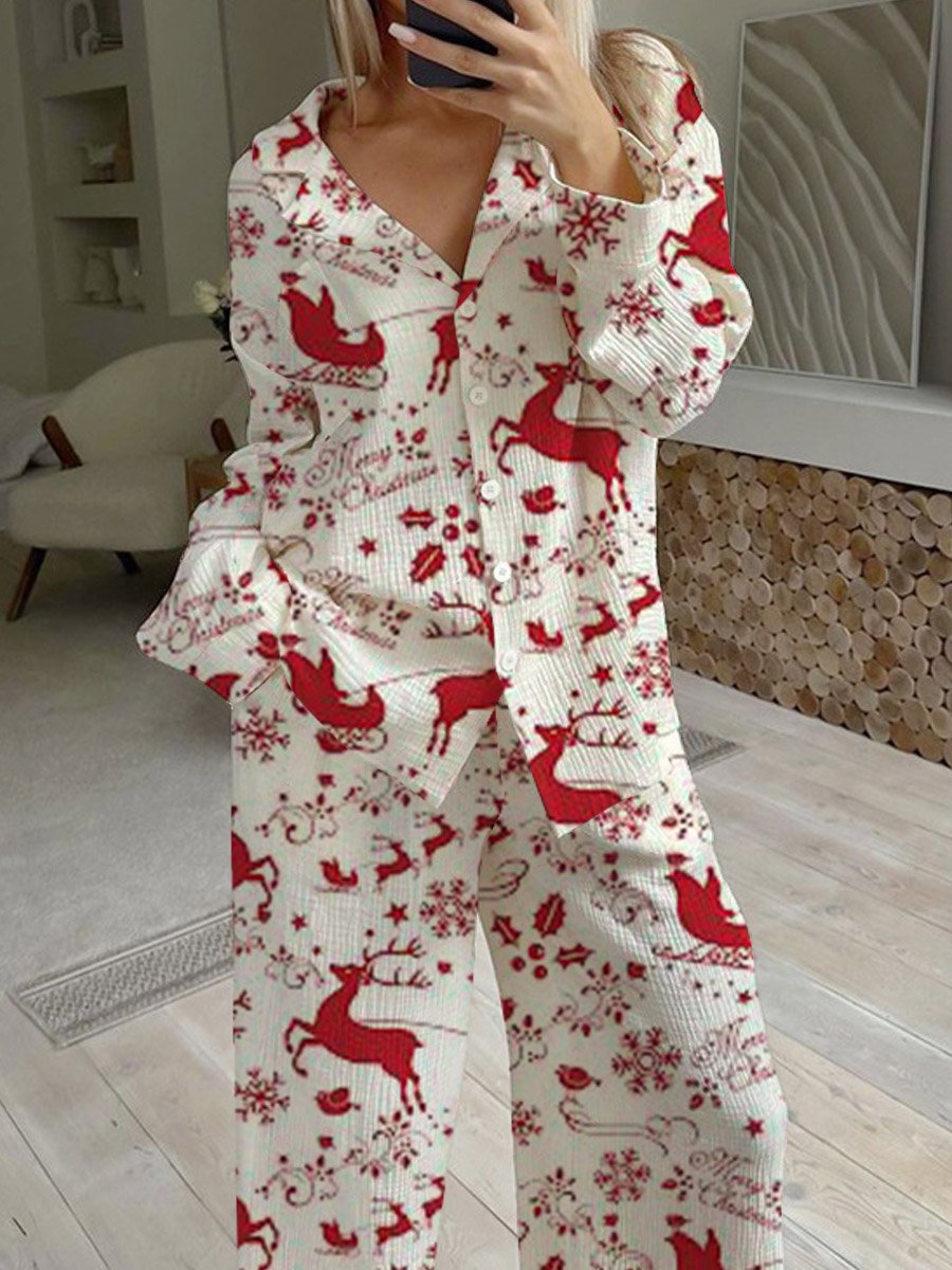 Women's Christmas Reindeer Sleigh Pattern Long Sleeve Pant Suit