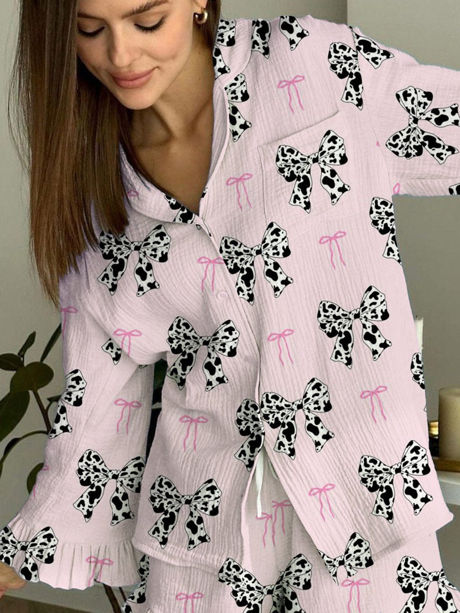 Women's Bow Cow Spot Pattern Ruffled Long Sleeve Pants Set