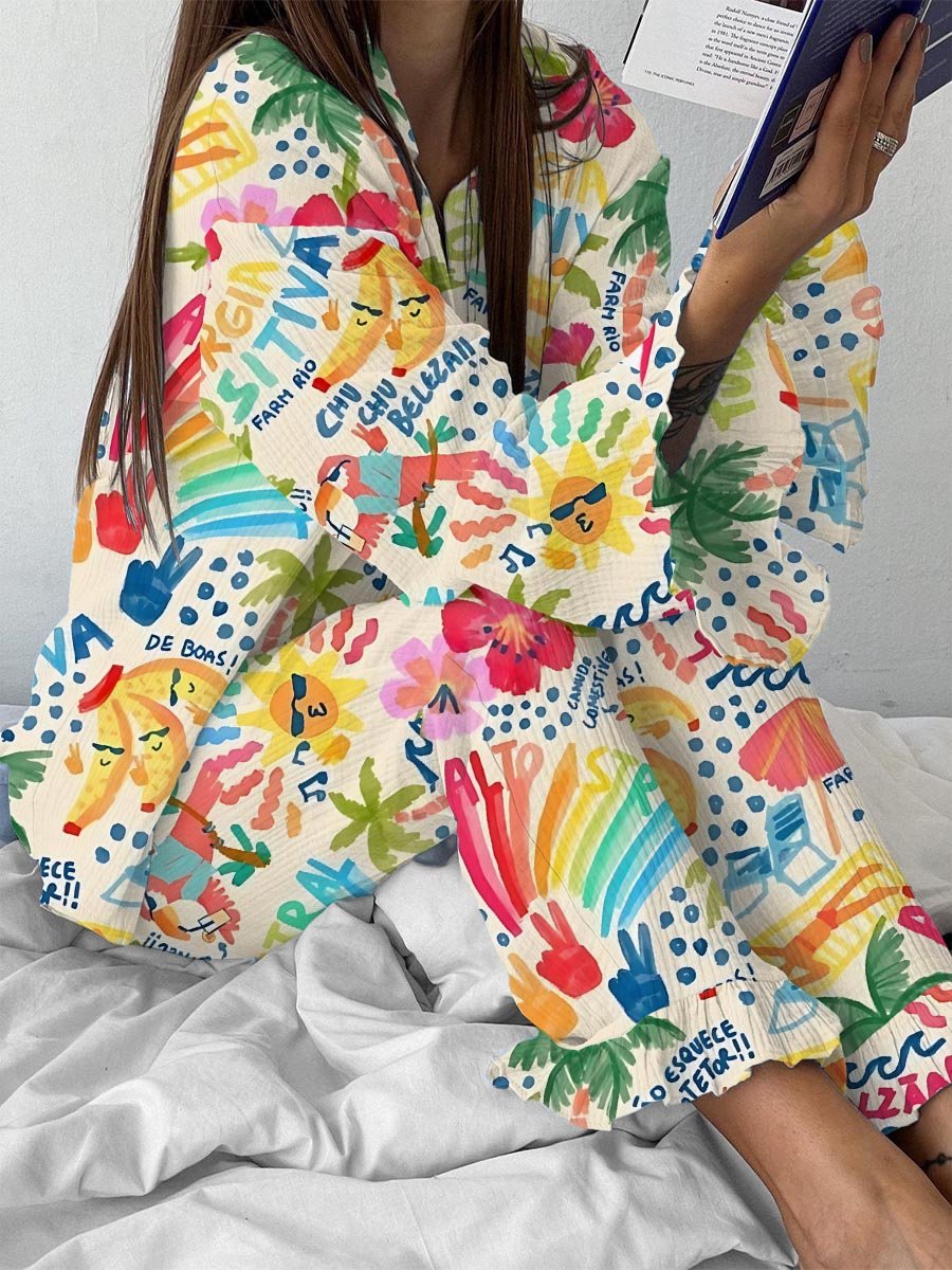 Women's Comfortable Vacation Sun Starling Printed Ruffle Homewear Set