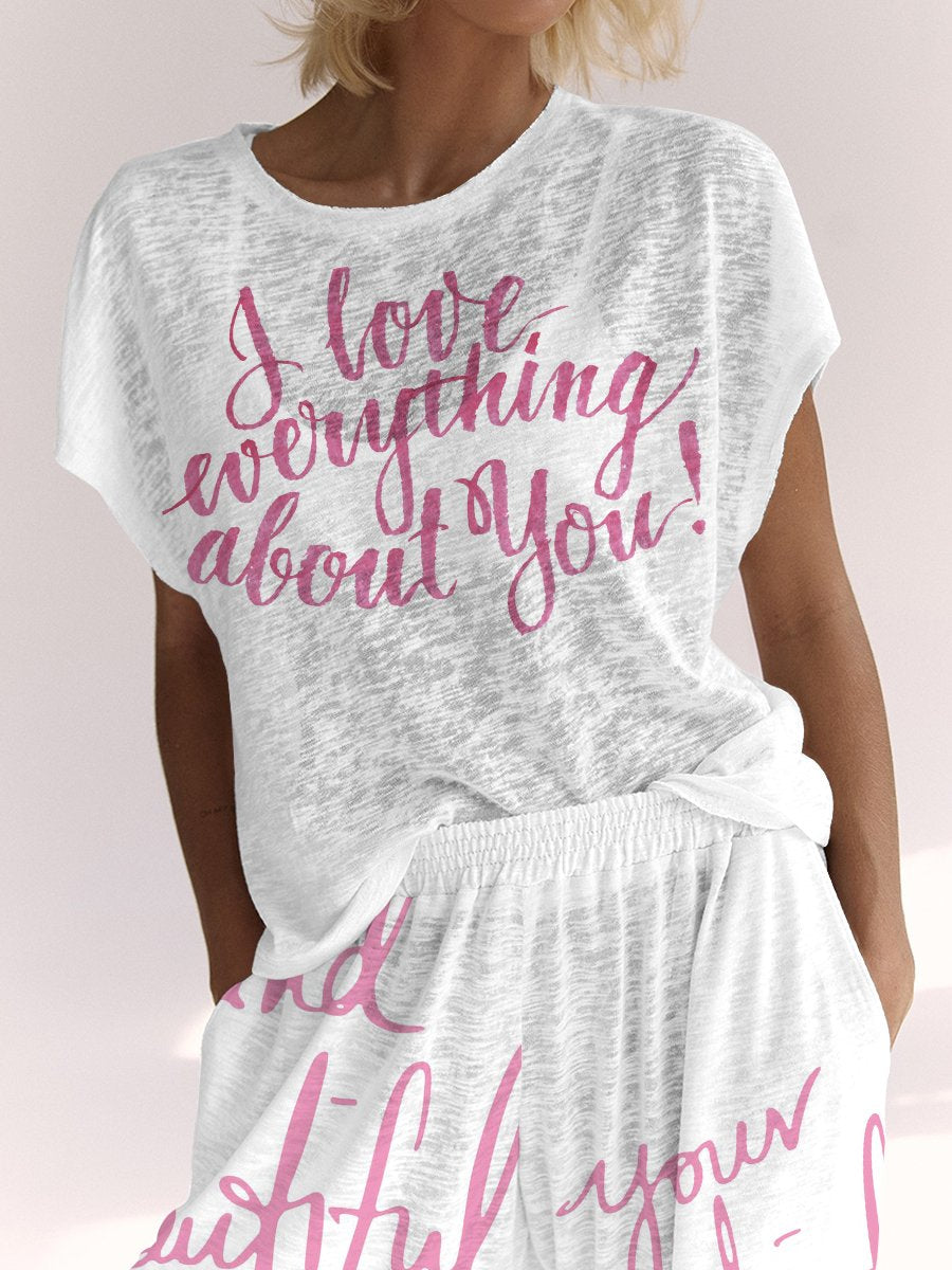 Women's Inspirational Print Short Sleeve Pants Set