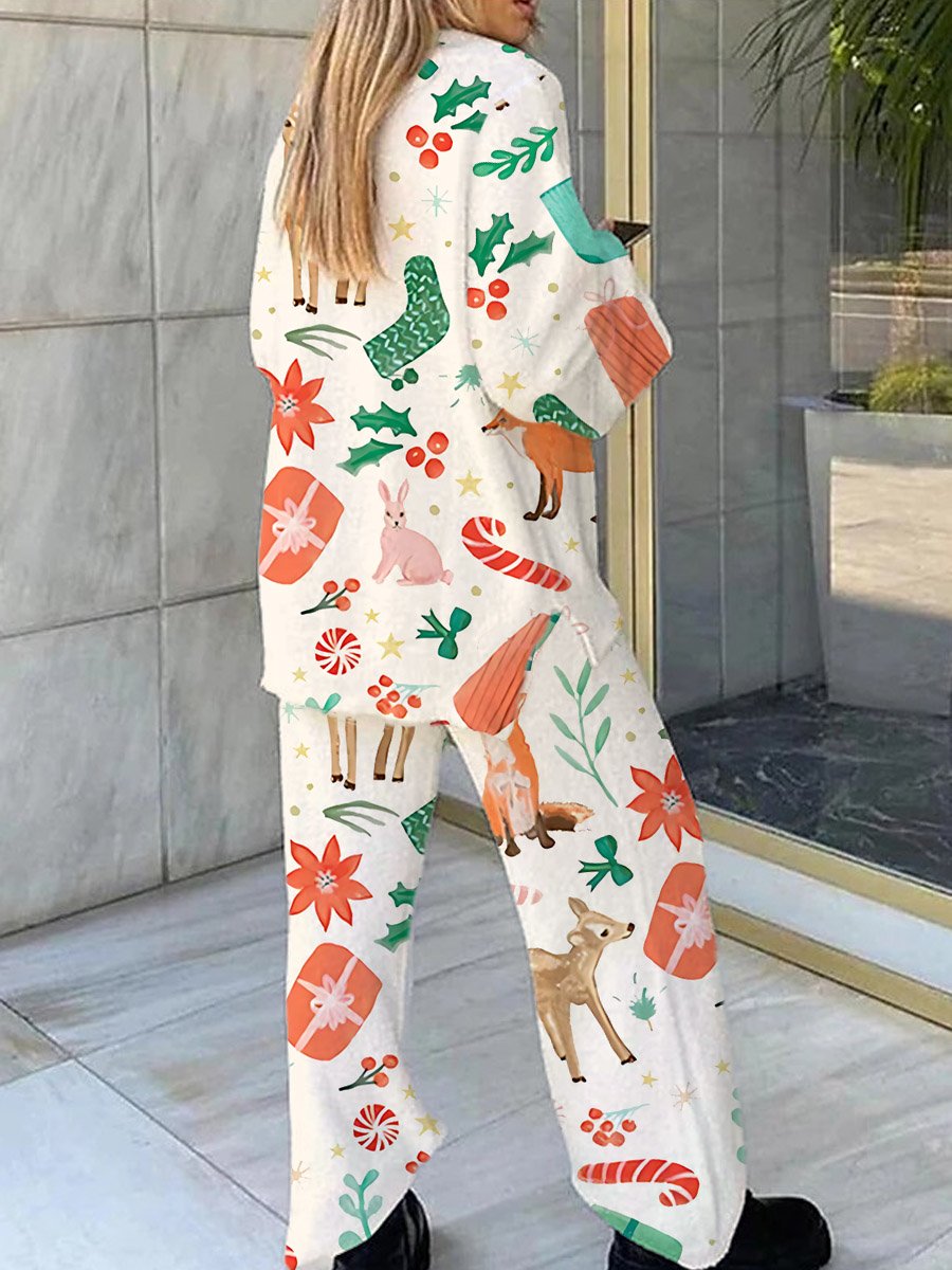Women's Christmas Deer Socks Print V-Neck Suit