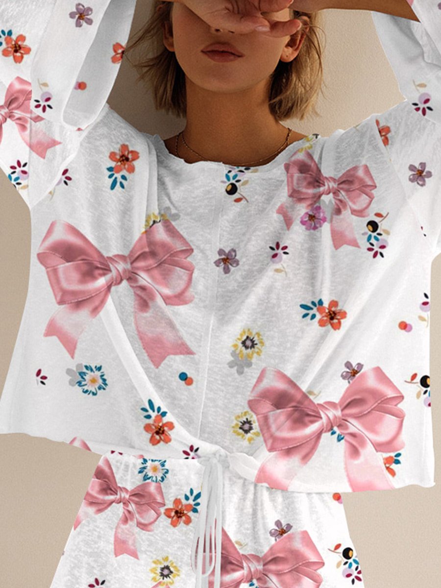 Women's Bow Floral Print Long Sleeve Pajama Set