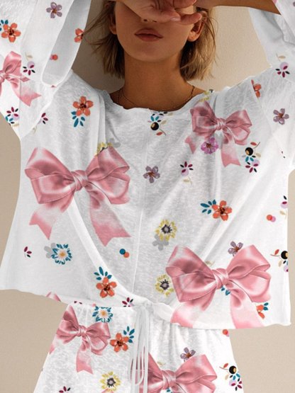Women's Bow Floral Print Long Sleeve Pajama Set