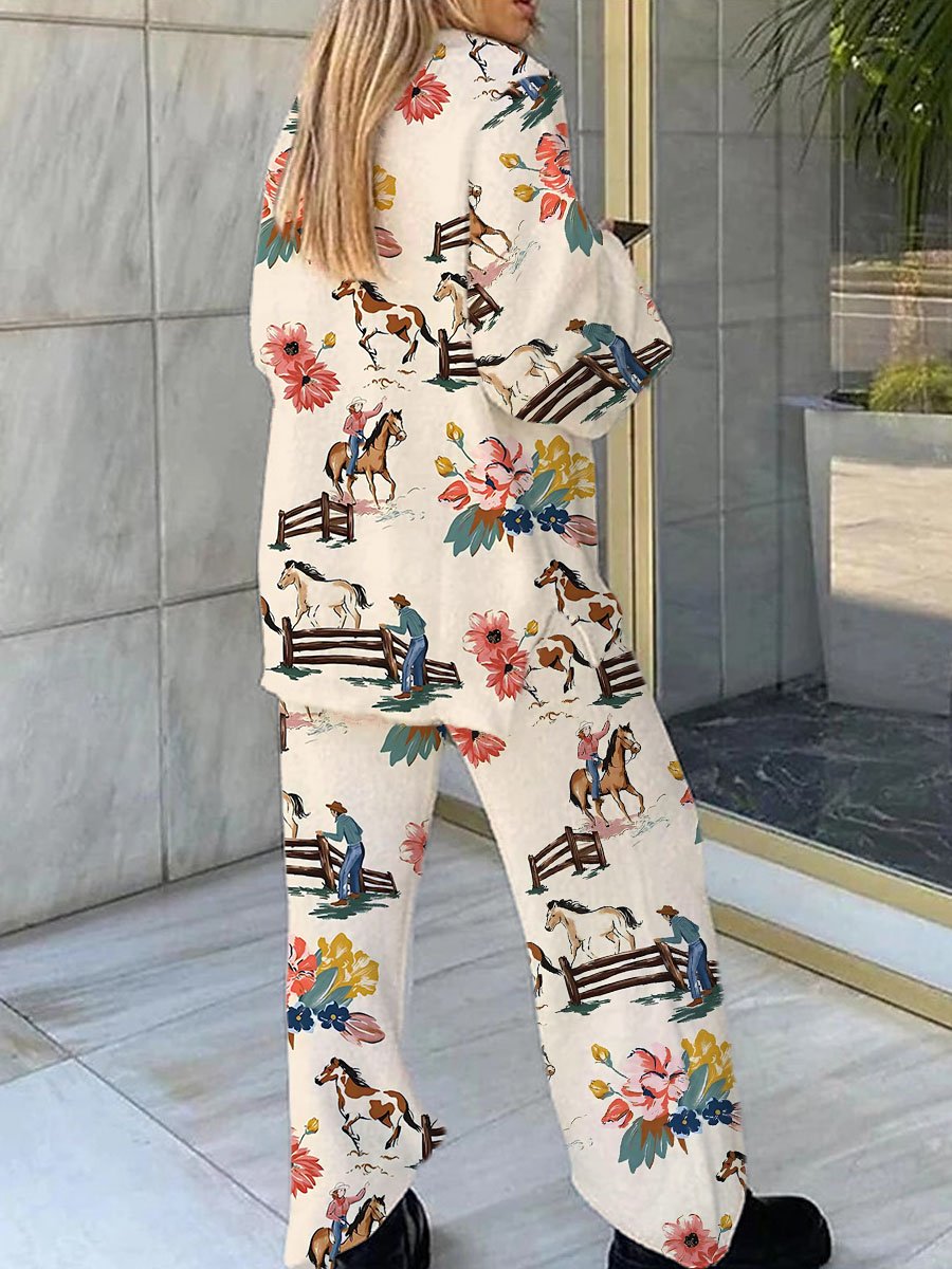 Women's Floral Farm Horse Print V-Neck Long Sleeve Suit