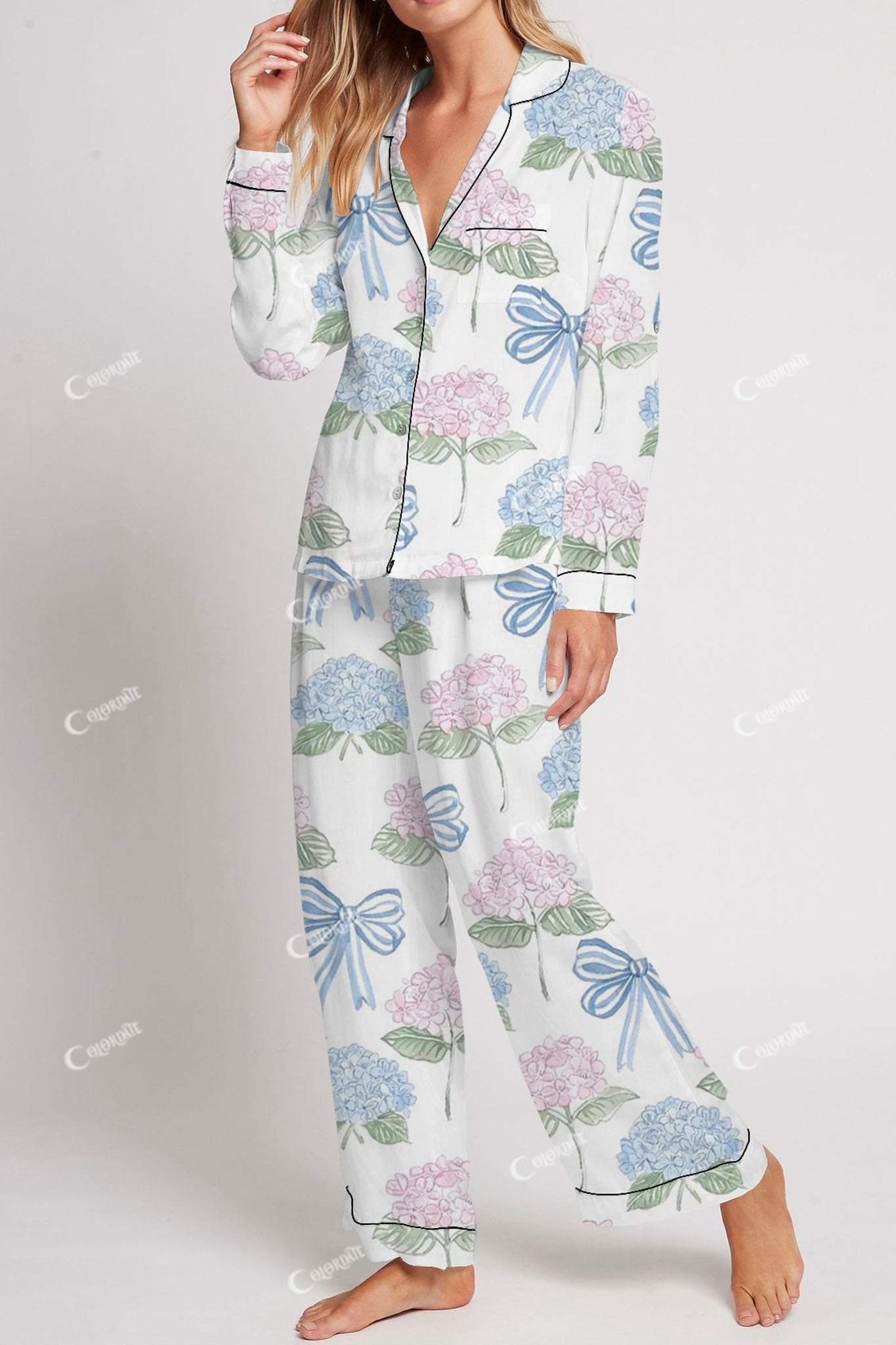 Women's Blue Bow Pink Hydrangea Light Cotton Pajama Set