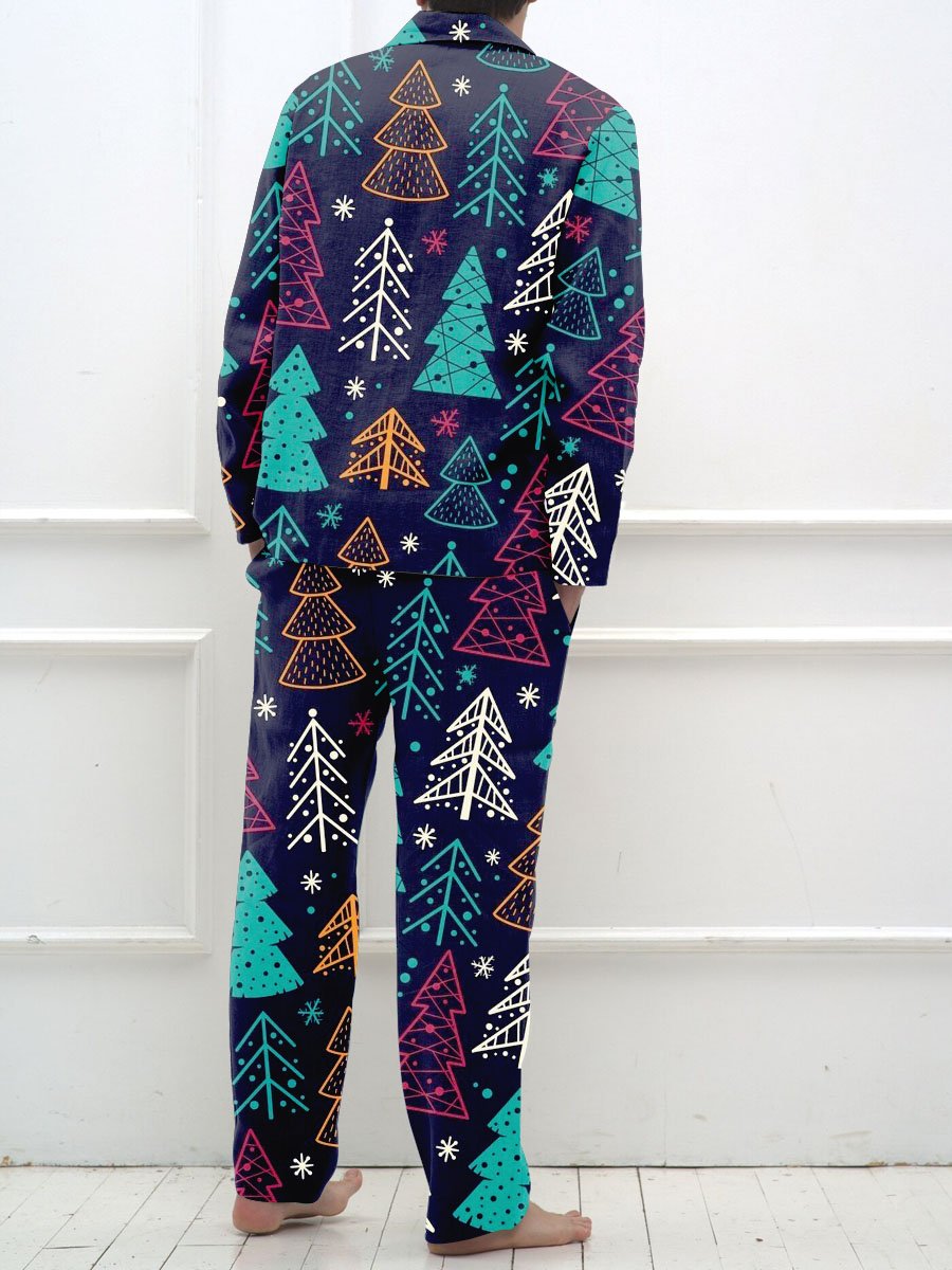 Men's Simple Navy Blue Christmas Tree Printed Cardigan Lounge Suit