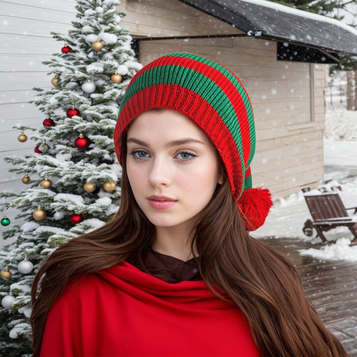 Santa Striped Knitted Pom Pom Beanie