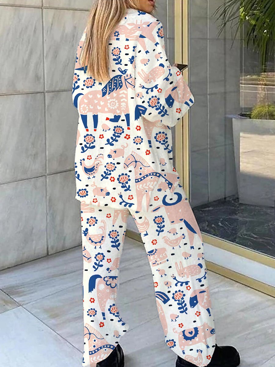 Women's Floral Rural Animal Print V-Neck Suit