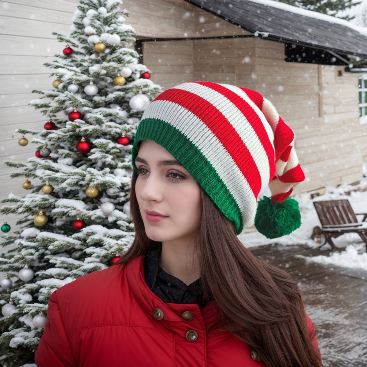 Santa Striped Knitted Pom Pom Beanie