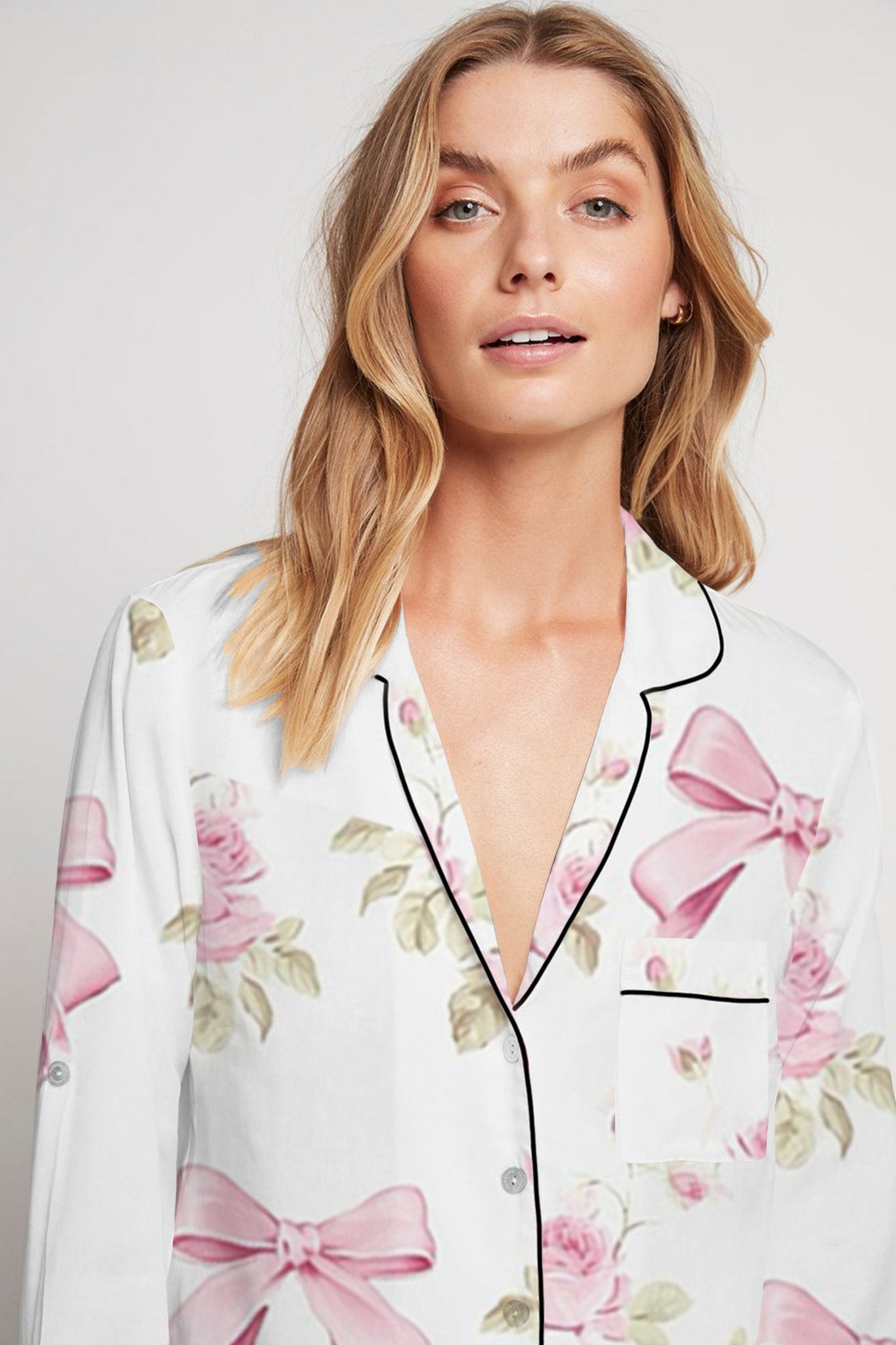 Women's Flower Bow Long Sleeve Pajama Set