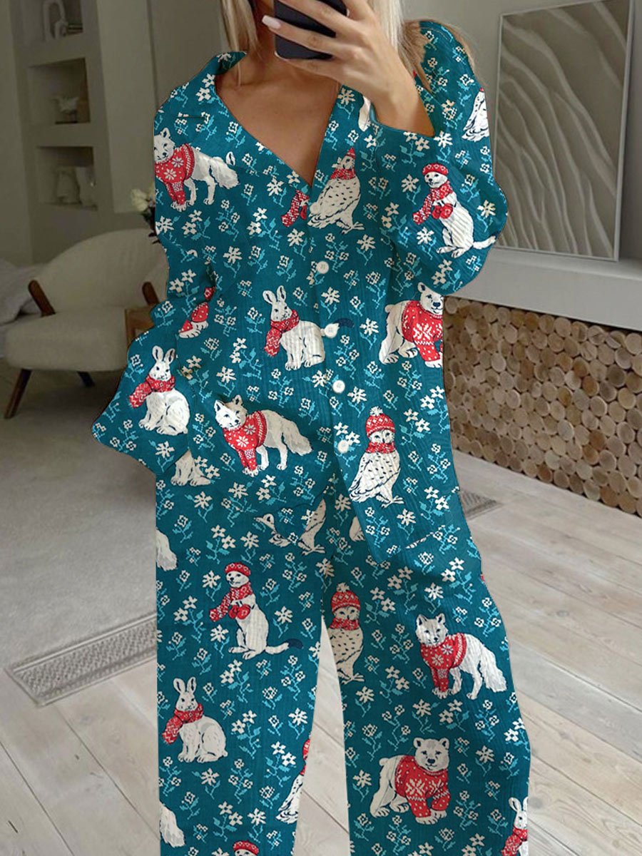 Women's Blue Christmas Cute Animal Art Floral Print Home Long Sleeve Suit
