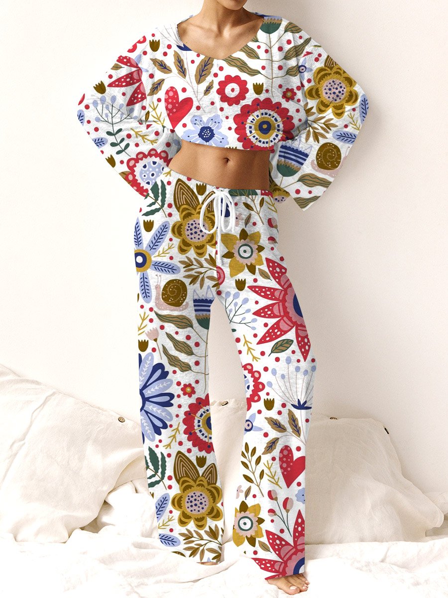 Women's Bohemian Art Floral Print Lounge Long Sleeve Suit