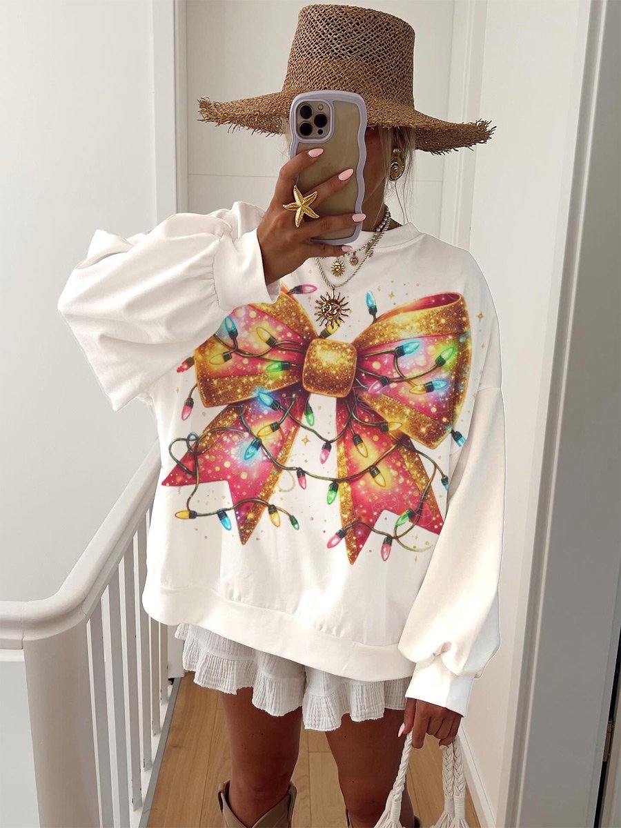 Women's Colorful Christmas Bow Printed Home Long Sleeve Sweater