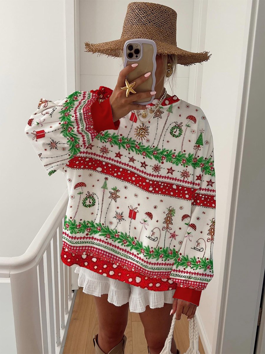 Women's Christmas Artistic Floral Print Home Long Sleeve Sweater