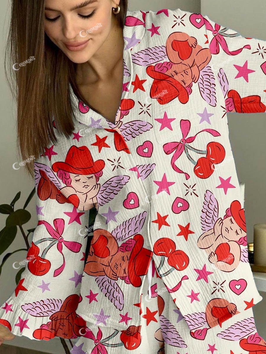 Women's Valentine's Day Angel Print Ruffled Linen Cotton Suit