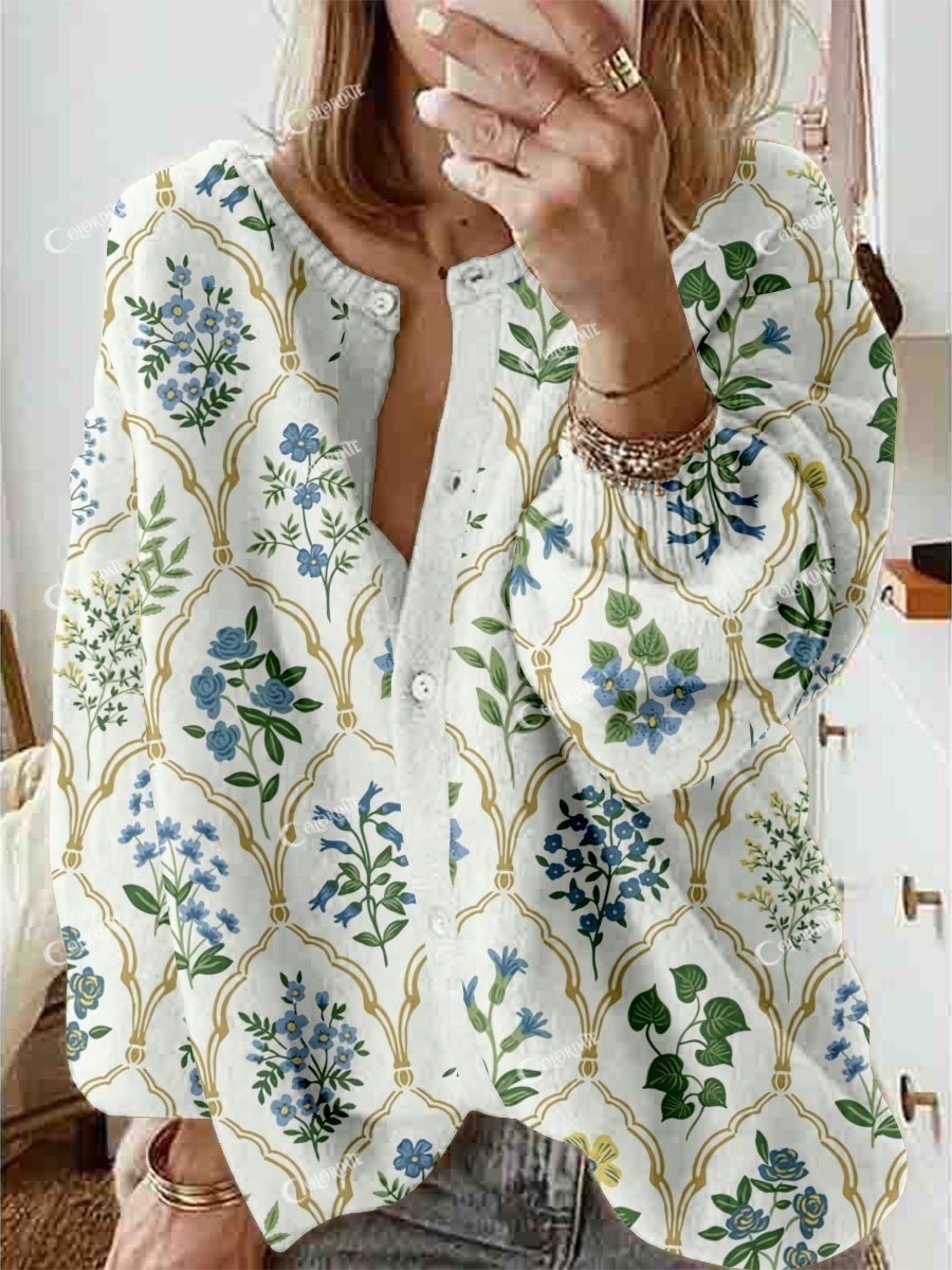 Women's Elegant Floral Check Print Cardigan Sweater