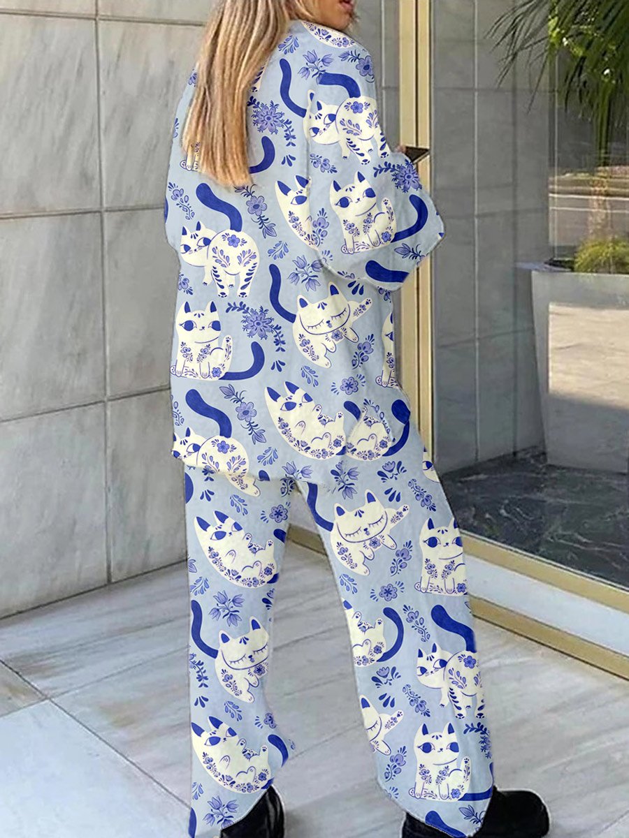Women's Artistic Floral Cute Animal Print Home Long Sleeve Suit