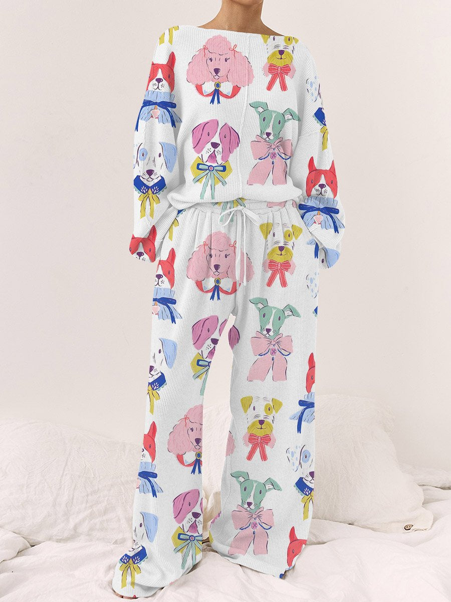 Women's Colorful Puppy Print Long Sleeve Loose Pajama Set
