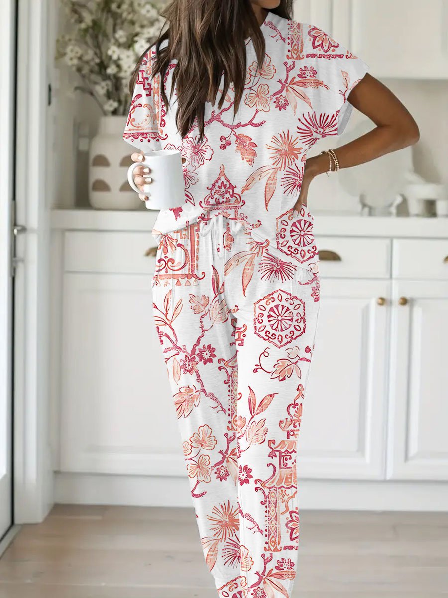 Women's Elegant Floral Print Short Sleeve Homewear Set